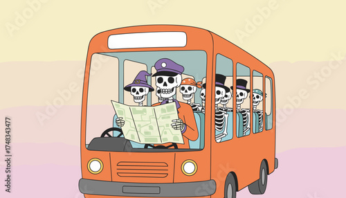 Skeletons on a bus trip navigating with a map for a fun Halloween adventure
