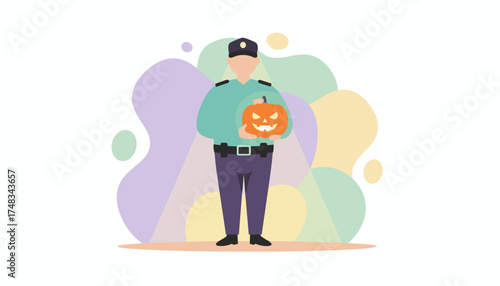Security guard with glowing Jackolantern for Halloween Festive duty and holiday safety concept