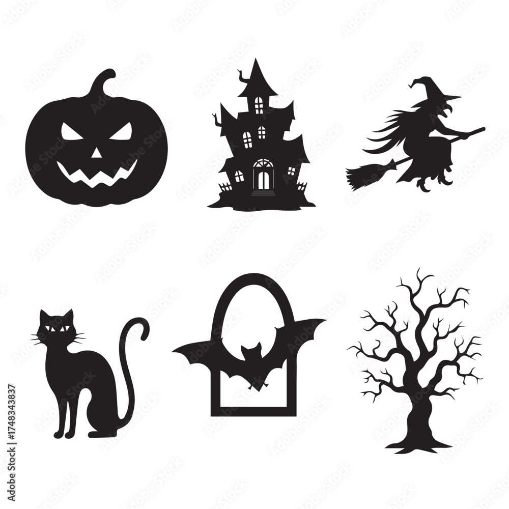 Fototapeta premium Halloween silhouettes set of pumpkin, cat,witch,catsal,bat,tree vector silhouette design, isolated background set of 6