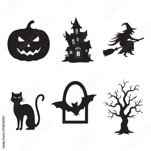 Halloween silhouettes set of pumpkin, cat,witch,catsal,bat,tree vector silhouette design, isolated background set of 6