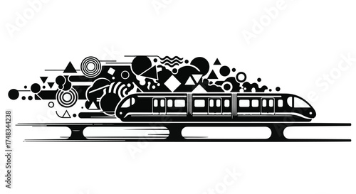 Sleek modern train speeding forward with dynamic abstract shapes trailing behind.