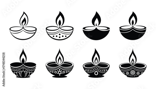 Collection of decorative oil lamps with flames