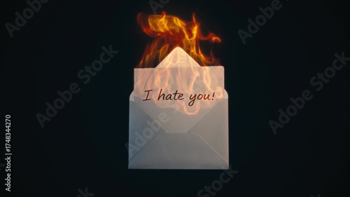 3D animation of an envelope revealing a handwritten “I hate you” note that bursts into flames, symbolizing anger, breakup, revenge, and emotional conflict in relationships or life struggles.
