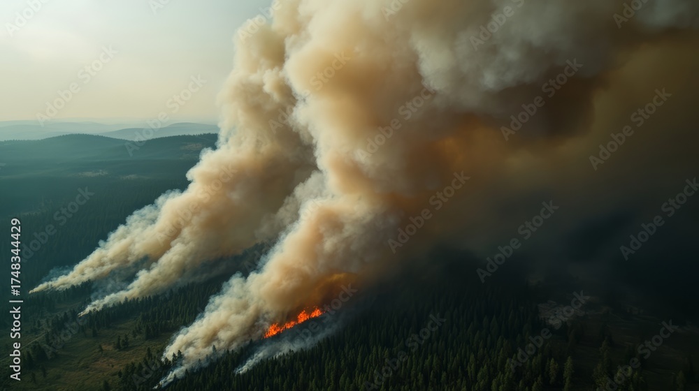 Fototapeta premium Wildfire ravaging forests in the mountains aerial view nature disaster smoke plume and flames environmental impact