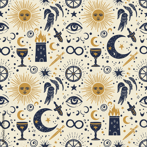 Mystical seamless pattern with esoteric tarot symbols.