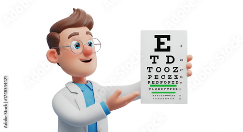 3d icon of cartoon ophthalmologist holding an eye chart isolated on transparent background doctor showing eye test
