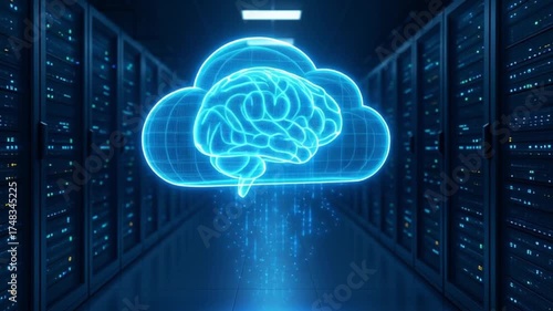 Cloud storage technology concept featuring glowing digital brain hologram modern server room, symbolizing artificial intelligence, data innovation, futuristic technology, secure network