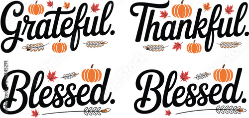 Four thanksgiving themed text graphics with pumpkins and leaf accents