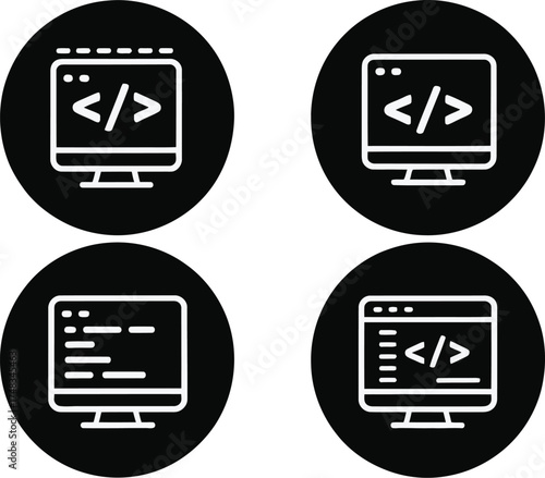 Four circular icons displaying computer screens with code symbols on them