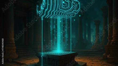 Futuristic glowing cloud storage hologram floats above ancient stone pedestal in mysterious temple, blending technology with history and innovation in dramatic magical atmosphere with digital patterns