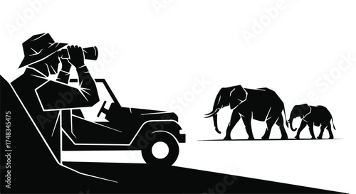 Adventurous explorer observes elephants on safari from a jeep.