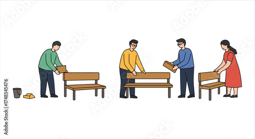 People assembling wooden benches outdoors in a park setting