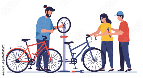 People Working Together Fixing Bicycles in a Workshop