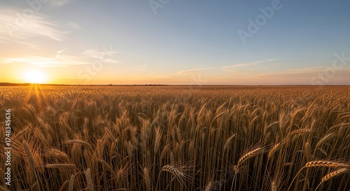 Golden wheat field illuminated by the setting sun with a clear sky
