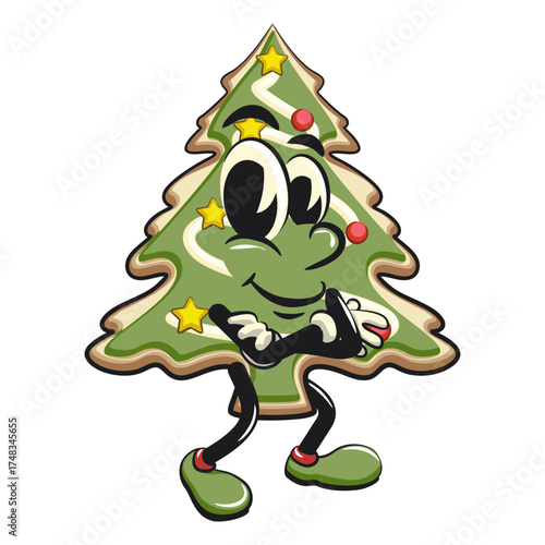 cute christmas tree cookie mascot cartoon character folding his arms calmly, vector illustration isolated, work of hand drawn