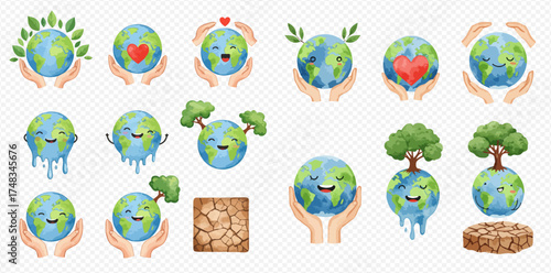 Cute cartoon Earth illustrations depicting environmental care, global warming, and nature conservation concepts.