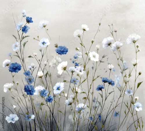 Watercolor painting of white and blue wildflowers with a light gray background, in soft pastel colors, resembling a clipart illustration.