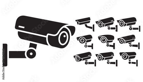 Minimal black and white CCTV camera icon set featuring different surveillance camera designs. Perfect for security, technology, and monitoring-related projects.