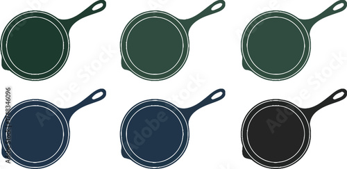 A graphic representation of six skillets in varying shades on white background