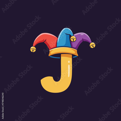 Playful Jester Hat Letter J Vector Illustration with Golden Bells
