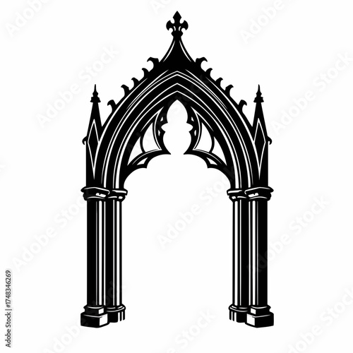 Ornate Gothic Cathedral Archway Vector Illustration in Black and White