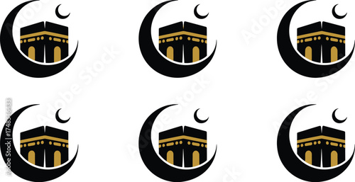 Six kaaba icons with crescent moons arranged on a white background