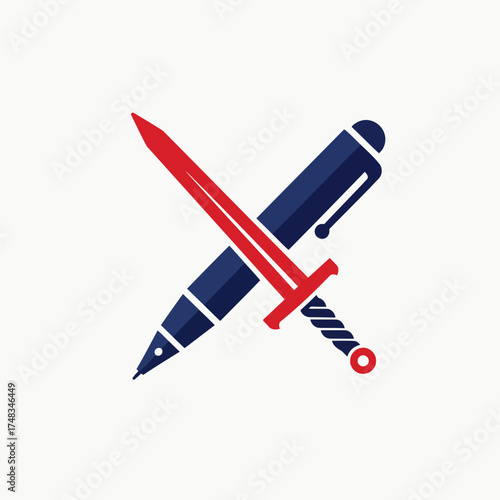 Minimalist Crossed Red Sword and Blue Pen Vector Illustration Symbolizing Justice, Intellectual Power, and Conflict