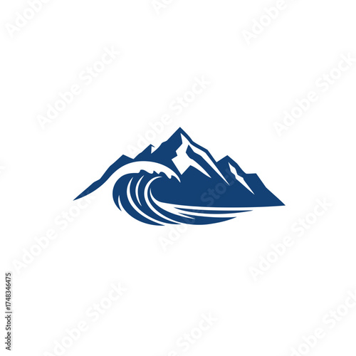 Minimalist Dark Blue Mountain Peaks and Crashing Ocean Wave Vector Illustration