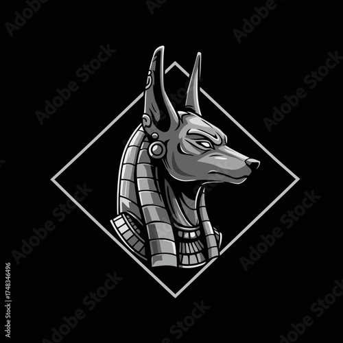 Monochromatic Stylized Anubis Jackal Head Vector Illustration in Profile with Diamond Frame
