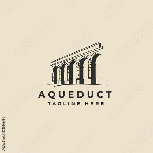Monochrome Classic Roman Aqueduct Line Art Vector Illustration