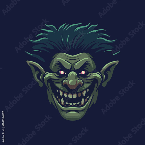 Creepy Green Goblin Grin Vector Illustration with Glowing Eyes