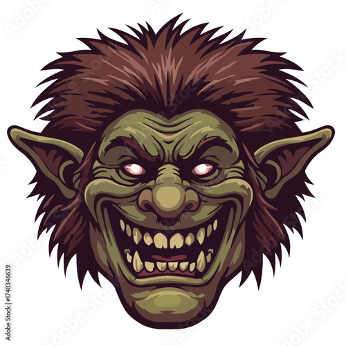 Menacing Green Goblin Head Vector Illustration with Glowing Eyes and Sharp Teeth