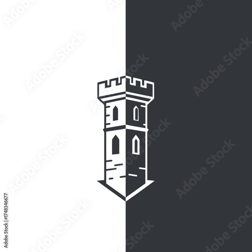 Monochrome Minimalist Castle Tower Vector Illustration with Duality and Negative Space