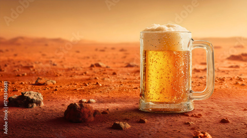 A surreal and funny image of a cold beer on Mars, a refreshing glass of lager in a barren desert landscape, a concept of an unexpected discovery on an alien planet, a sci-fi scene of space travel.

