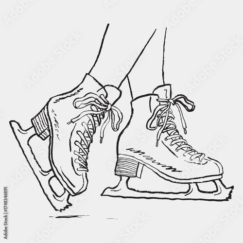 Hand drawn pair of legs wearing tightly laced ice skates. Figure skating vector sketch illustration in vintage crayon style. Woman fashion icon, winter sport