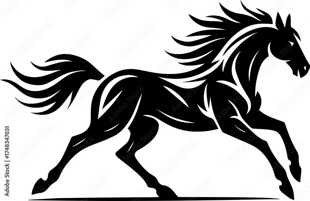 Fototapeta premium Tribal Running Horse Vector Silhouette – Powerful Black Stallion in Motion, Artistic Line Design
