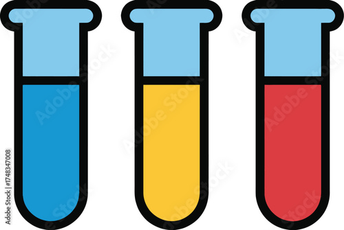 Three test tubes filled with blue yellow and red liquids on white background