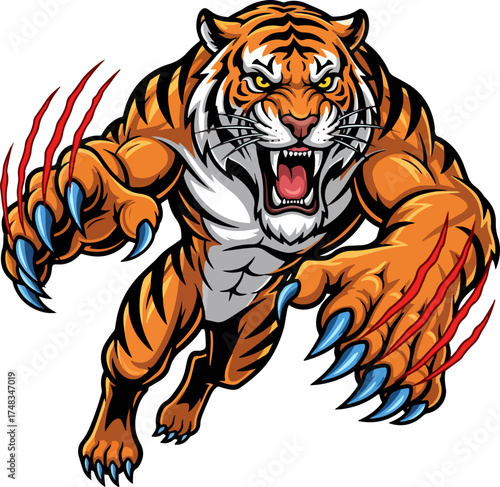 Powerful vector illustration of an angry tiger leaping forward with sharp claws and an intense expression