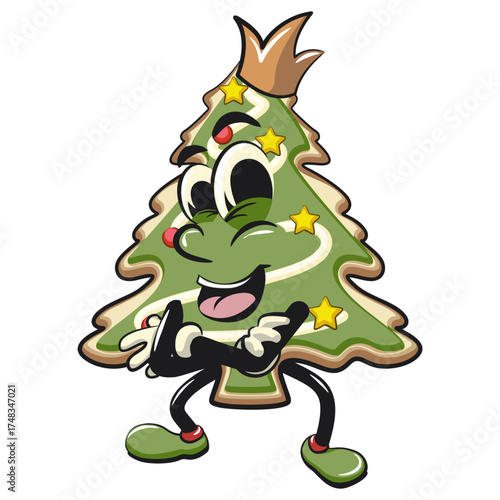 cute christmas tree cookie mascot cartoon character crowned like a king while folding his arms calmly, vector illustration isolated, work of hand drawn