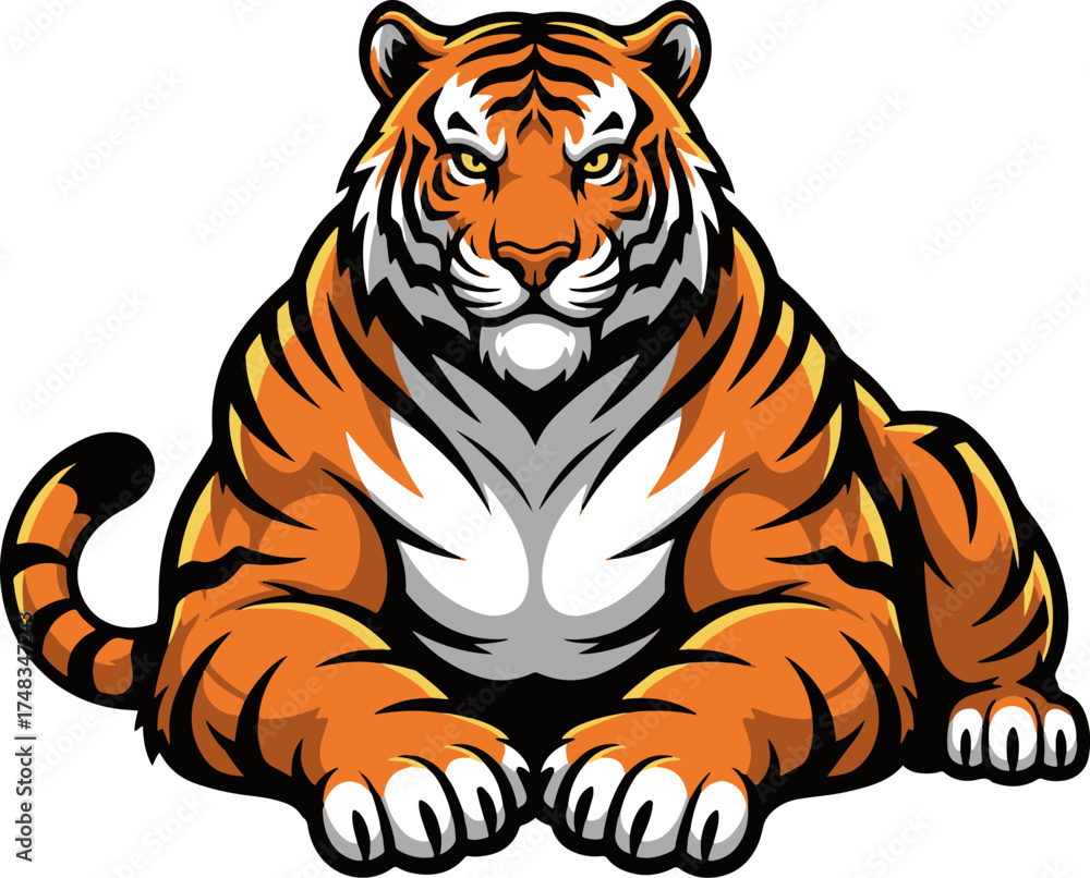 Naklejka premium Vector illustration of a sitting tiger with a strong and majestic expression