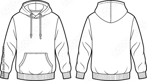 Illustration of a white hoodie with a pocket and drawstring on white background