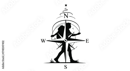 Silhouette of traveler with backpack superimposed on a compass rose, symbolizing adventure and direction