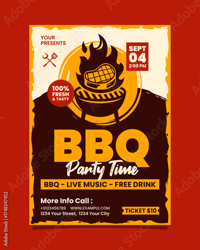BBQ Party Time Vertical Portrait Flyer or Poster Red And Yellow Retro, BBQ invitation poster vector template design.