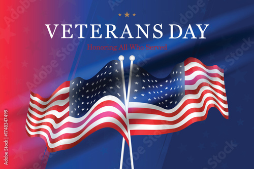 Vector banner with waving American flags for Veterans Day and patriotic USA holidays. USA background for celebration, honor and national pride events.