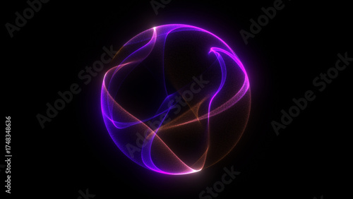 Shiny energy plasma particles orb on dark minimalitic business background. Gradient neon flowing magic sphere with purple and blue shiny waveforms. 4k 60fps looped graphic.	