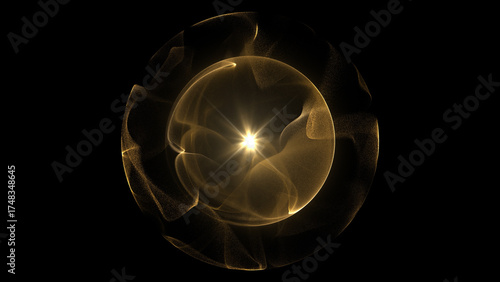 Abstract golden sphere composed of particles with distortion wave effects. Futuristic digital data splash with sparkling gold particles and glittering light. Perfect for luxury visuals, technology bac