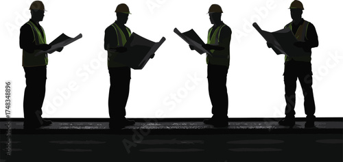 Construction workers teamwork, safety helmets, blueprint planning, engineering collaboration, building site discussion, project management, architecture design,