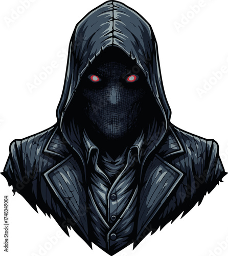 Mysterious Hooded Figure with Glowing Red Eyes