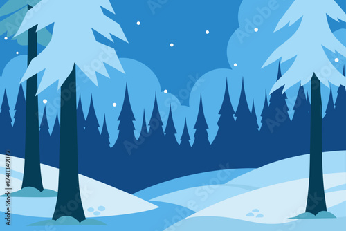 Illustration of a snowy forest at night time scene