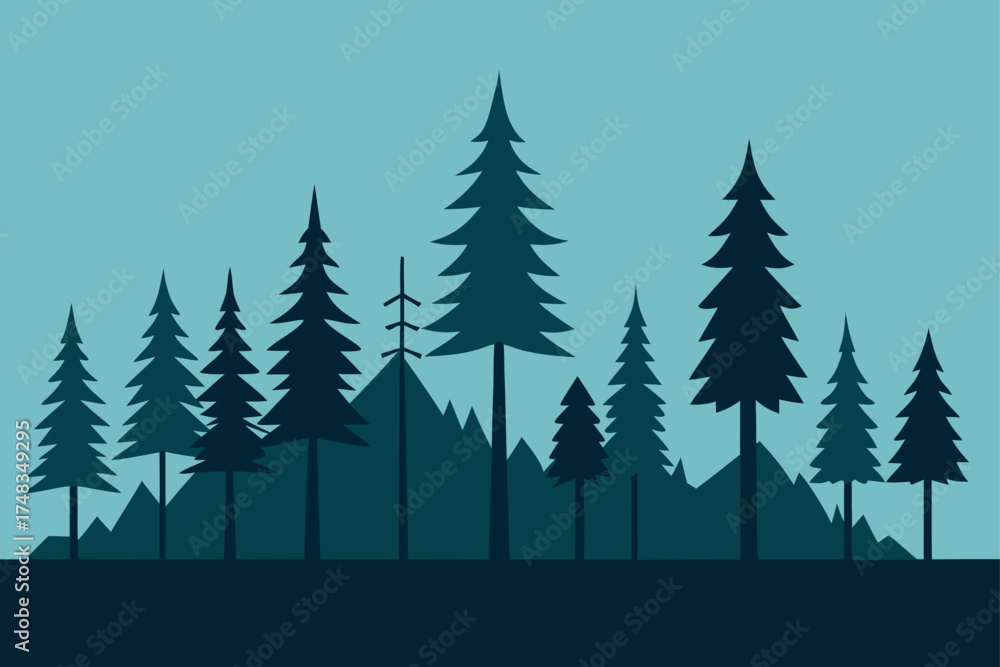 Obraz premium Silhouette of pine trees and mountains in the forest